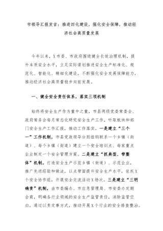 市领导汇报发言：推进四化建设，强化安全保障，推动经济社会高质量发展