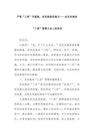 严管“三资”守富路，夯实根基促振兴——在农村集体“三资”管理大会上的讲话