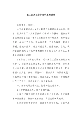 在X区文联全体会议上的讲话