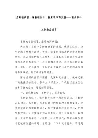 启航新征程、深耕新岗位、锐意进取谋发展——新任职位工作表态发言