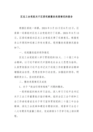 区总工会党组关于区委巡察整改进展情况的报告