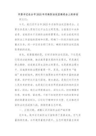 市委书记在全市2025年污染防治攻坚推进会上的讲话