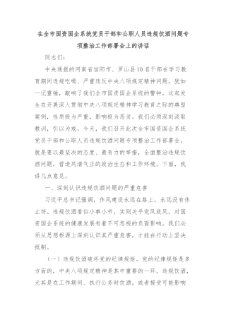 在全市国资国企系统党员干部和公职人员违规饮酒问题专项整治工作部署会上的讲话