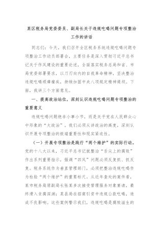 某区税务局党委委员、副局长关于违规吃喝问题专项整治工作的讲话