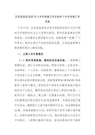 区纪委监委2025年上半年党建工作总结和下半年党建工作思路