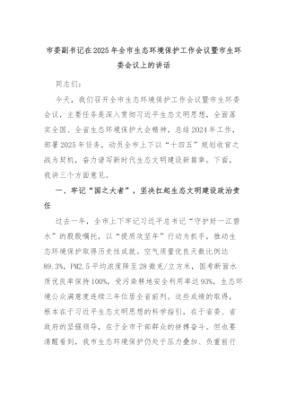 市委副书记在2025年全市生态环境保护工作会议暨市生环委会议上的讲话