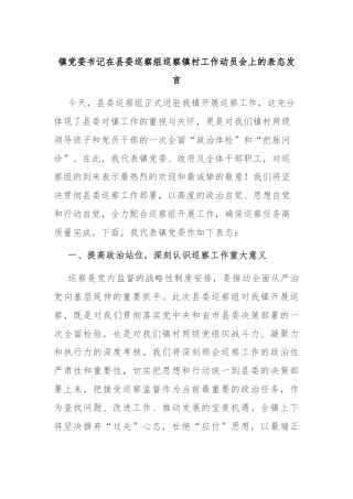 镇党委书记在县委巡察组巡察镇村工作动员会上的表态发言