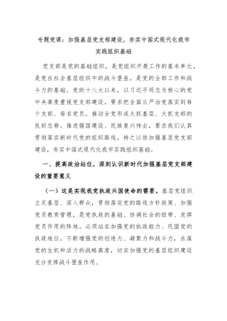 专题党课：加强基层党支部建设，夯实中国式现代化我市实践组织基础