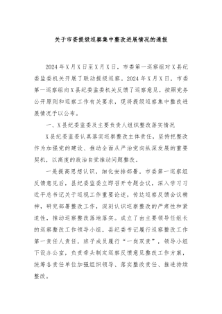 关于市委提级巡察集中整改进展情况的通报