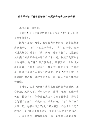 青年干部在“青年说清廉”专题演讲比赛上的演讲稿