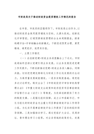 市财政局关于推动财政资金提质增效工作情况的报告