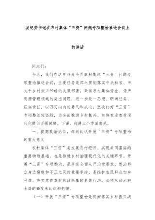 县纪委书记在农村集体“三资”问题专项整治推进会议上的讲话