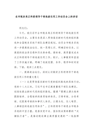 在市税务局正科级领导干部选拔任用工作动员会上的讲话