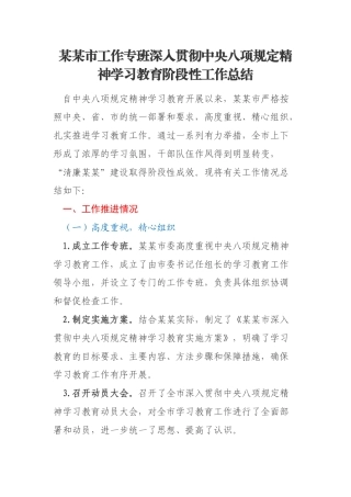 某某市工作专班深入贯彻中央八项规定精神学习教育阶段性工作总结