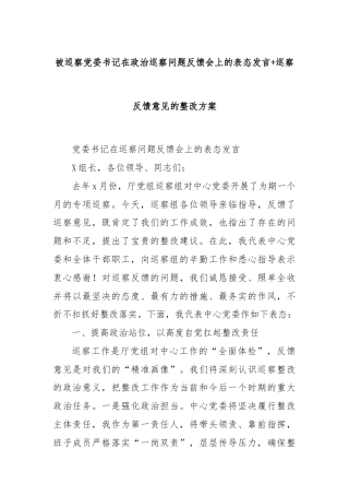 被巡察党委书记在政治巡察问题反馈会上的表态发言+巡察反馈意见的整改方案