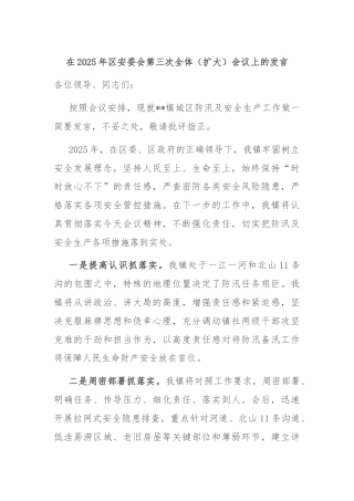 在2025年区安委会第三次全体（扩大）会议上的发言