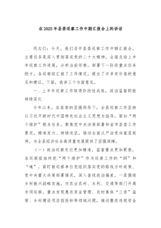 在2025年县委巡察工作中期汇报会上的讲话