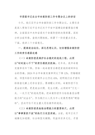 市委副书记在全市命案防控工作专题会议上的讲话