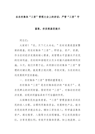 在农村集体“三资”管理大会上的讲话：严管“三资”守富路，夯实根基促振兴