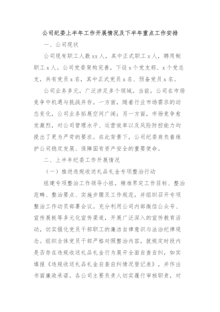公司纪委上半年工作开展情况及下半年重点工作安排