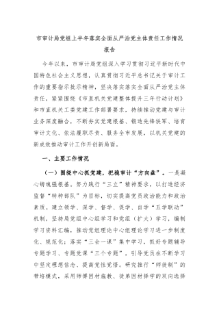 市审计局党组上半年落实全面从严治党主体责任工作情况报告