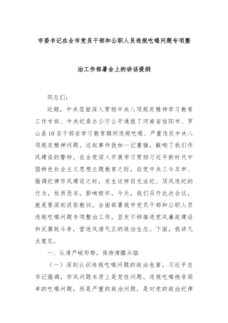 市委书记在全市党员干部和公职人员违规吃喝问题专项整治工作部署会上的讲话提纲