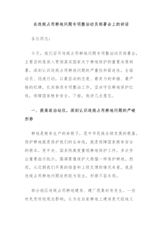 在违规占用耕地问题专项整治动员部署会上的讲话