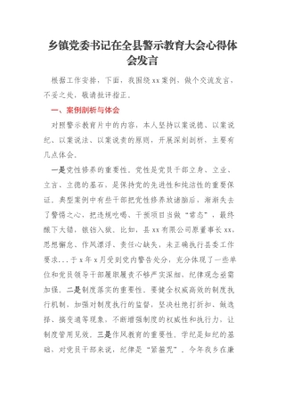 乡镇党委书记在全县警示教育大会心得体会发言