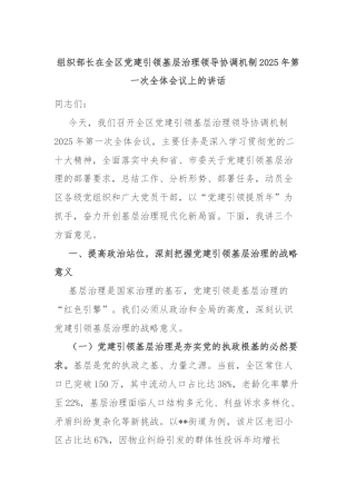 组织部长在全区党建引领基层治理领导协调机制2025年第一次全体会议上的讲话