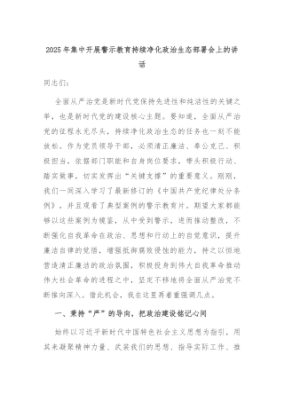 2025年集中开展警示教育持续净化政治生态部署会上的讲话