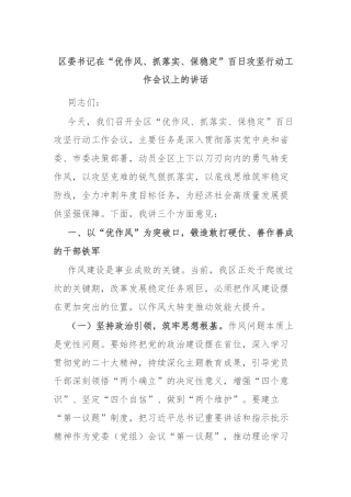 区委书记在“优作风、抓落实、保稳定”百日攻坚行动工作会议上的讲话