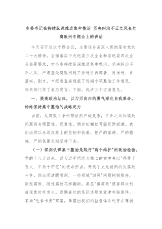 市委书记在持续纵深推进集中整治 坚决纠治不正之风查处腐败问专题会上的讲话