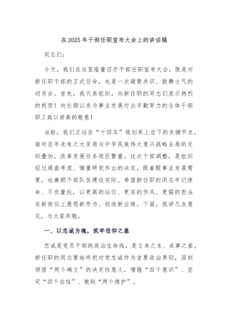 在2025年干部任职宣布大会上的讲话稿