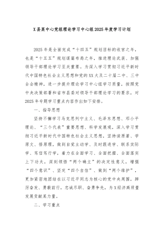 X县某中心党组理论学习中心组2025年度学习计划