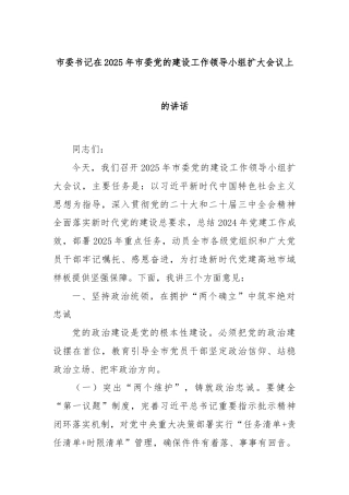 市委书记在2025年市委党的建设工作领导小组扩大会议上的讲话