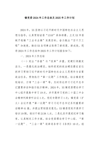 镇党委2024年工作总结及2025年工作计划