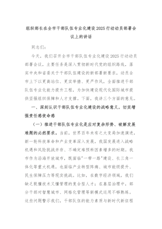 组织部长在全市干部队伍专业化建设2025行动动员部署会议上的讲话