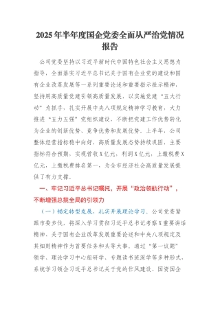 2025年半年度国企党委全面从严治党情况报告