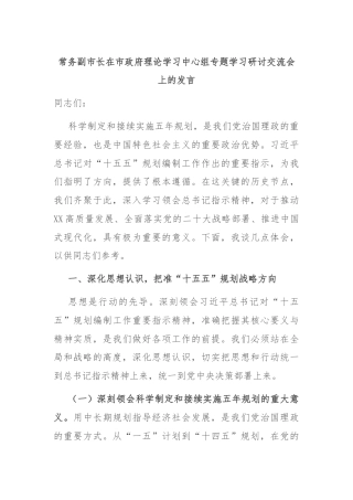 常务副市长在市政府理论学习中心组专题学习研讨交流会上的发言