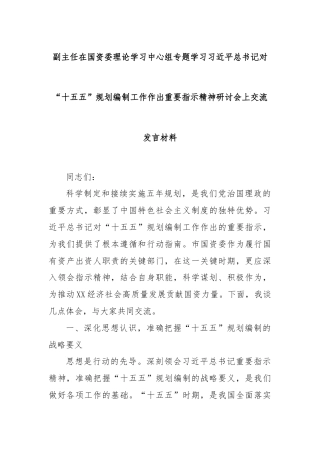 副主任在国资委理论学习中心组专题学习习近平总书记对“十五五”规划编制工作作出重要指示精神研讨会上交流发言材料