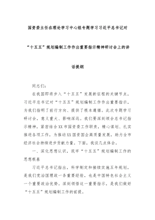 国资委主任在理论学习中心组专题学习习近平总书记对“十五五”规划编制工作作出重要指示精神研讨会上的讲话提纲