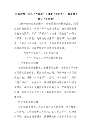 经验材料：作风“严紧实”＋清廉“底色亮”：锻造堪当重任“硬脊梁”