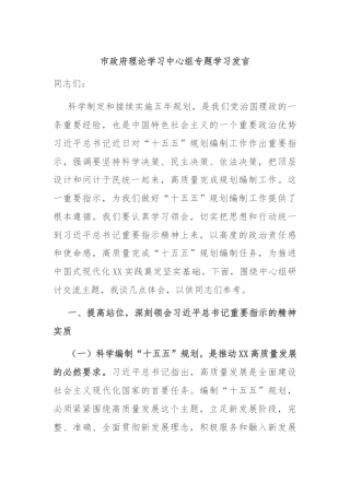 市政府理论学习中心组专题学习发言