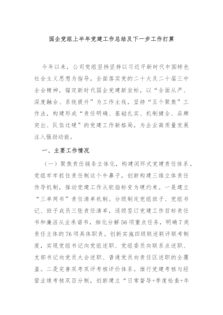 国企党组上半年党建工作总结及下一步工作打算
