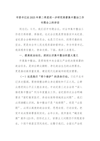 市委书记在2025年第二季度进一步研究部署集中整治工作专题会上的讲话