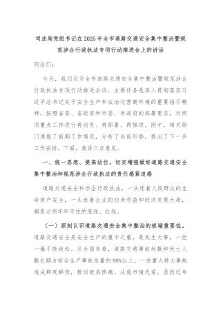 司法局党组书记在2025年全市道路交通安全集中整治暨规范涉企行政执法专项行动推进会上的讲话