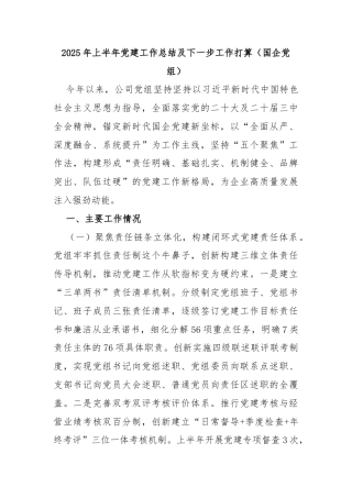 2025年上半年党建工作总结及下一步工作打算（国企党组）