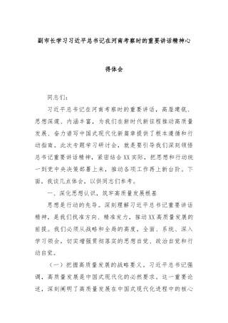副市长学习习近平总书记在河南考察时的重要讲话精神心得体会