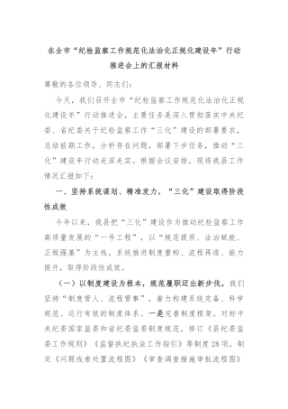 在全市“纪检监察工作规范化法治化正规化建设年”行动推进会上的汇报材料