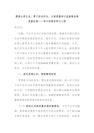 聚焦主责主业，勇于担当作为，以高质量审计监督服务高质量发展——审计局领导学习心得